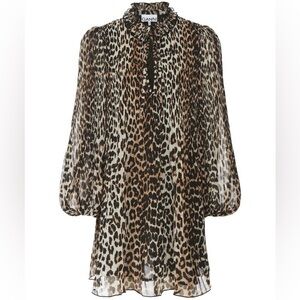 Ganni Pleated Leopard Print Georgette Mini Dress